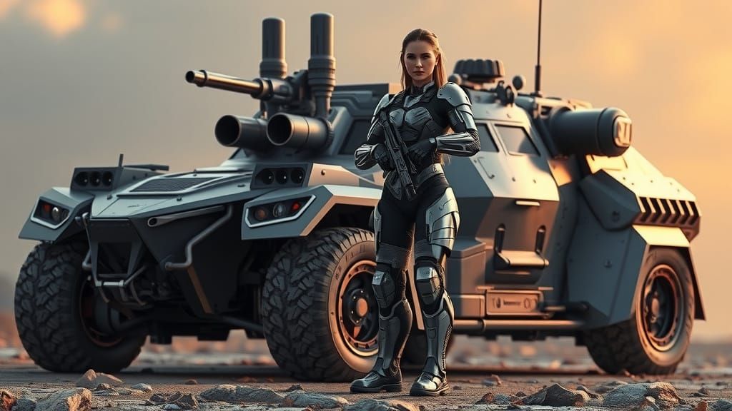 Cyborg Warrior with Armored Vehicle in Futuristic Battlefiel...