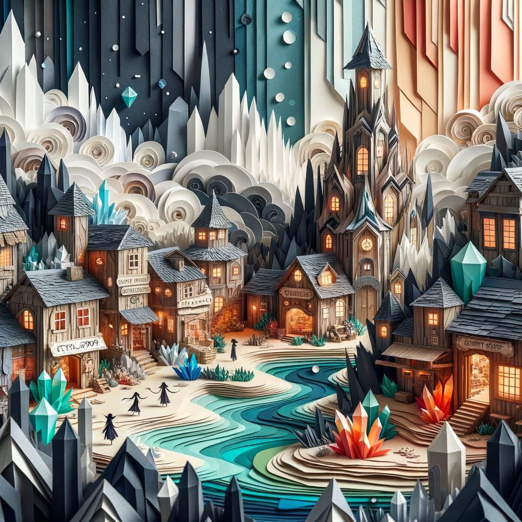 Paper Worlds style. A surreal landscape constructed entirely from layered, torn, and folded paper. A fantasy town, midsi...