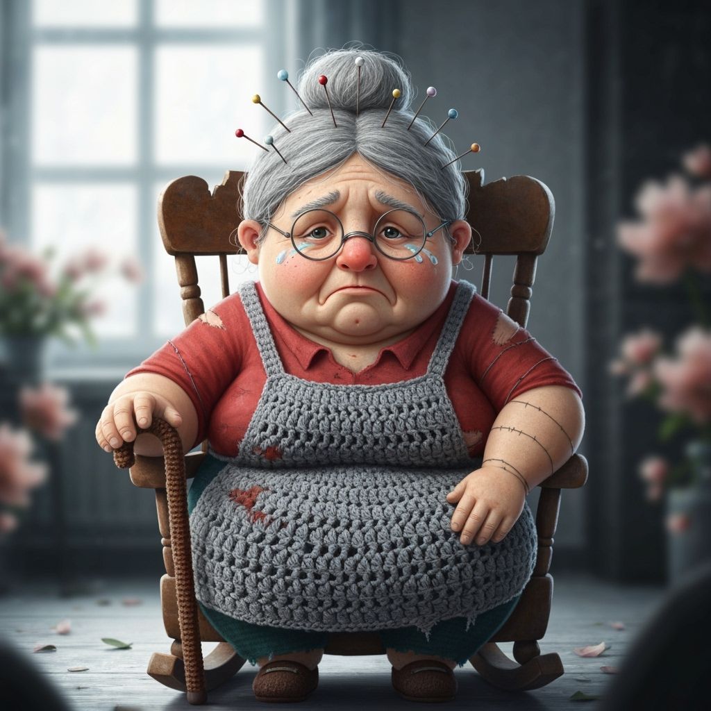 Sad Crochet Elderly Woman in Broken Rocking Chair