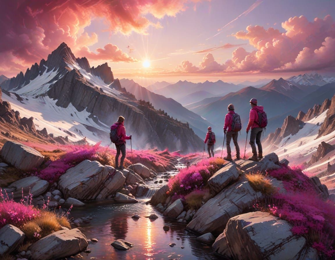 Mountain Hot Spring Hikers in Watercolour Summerscape