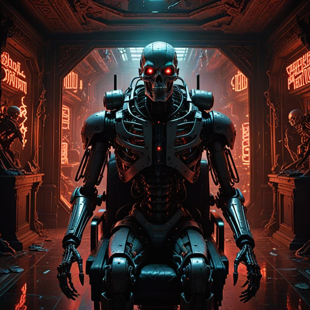 Dark Gothic Horror Scene with Robot and Skeletal Figures