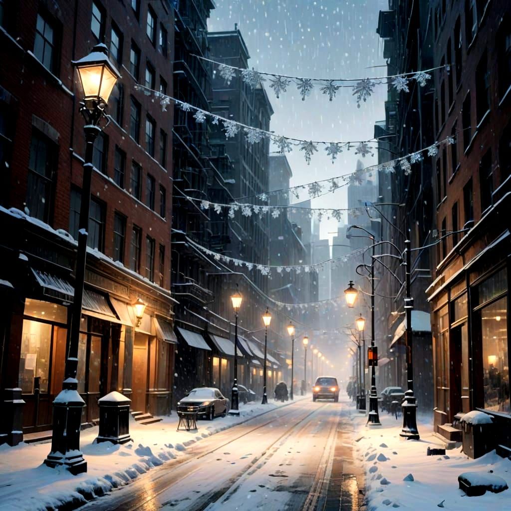 Large Visual Snowflakes Fall on City Streets