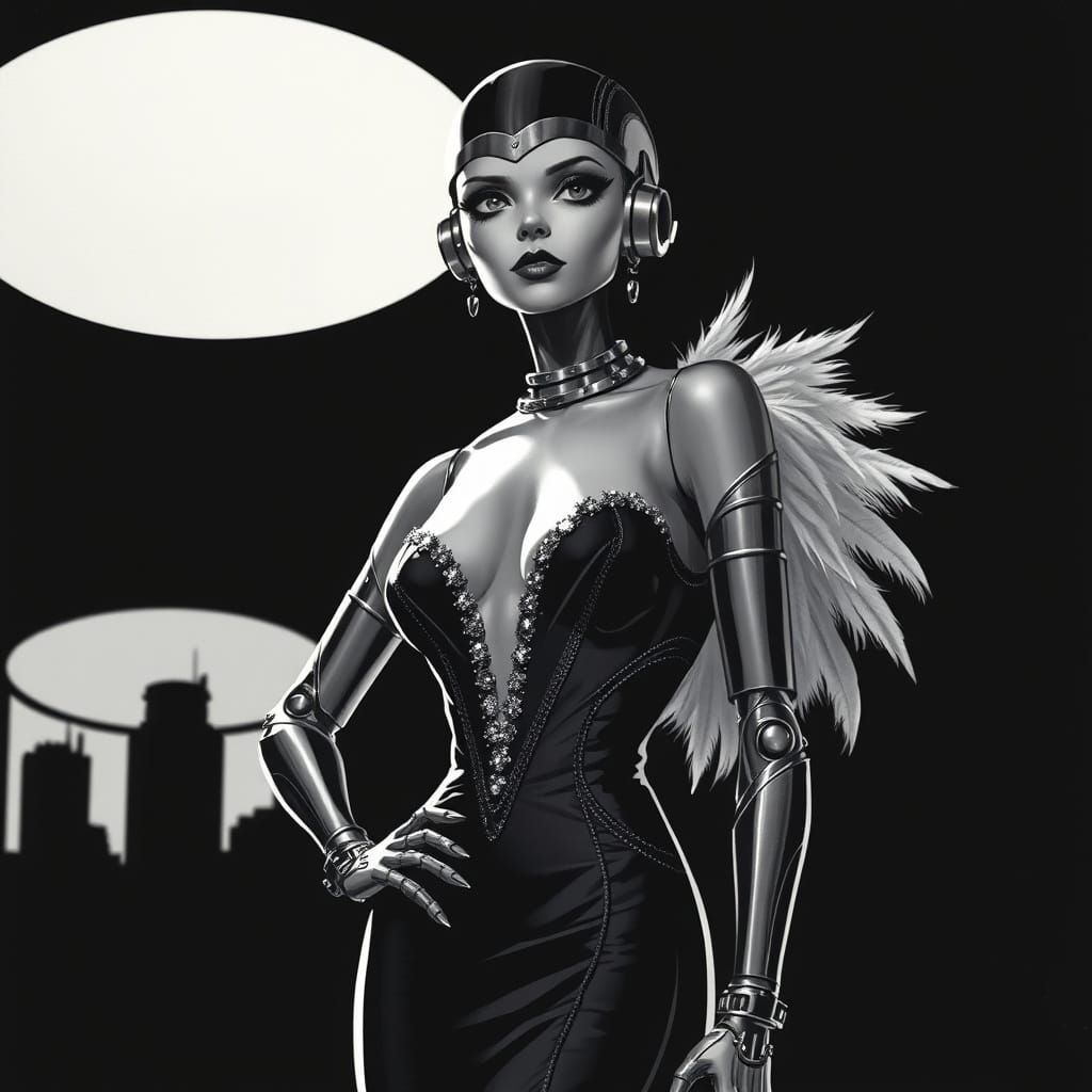 Moody Noir-Inspired Illustration of a Synthetic Android Star...
