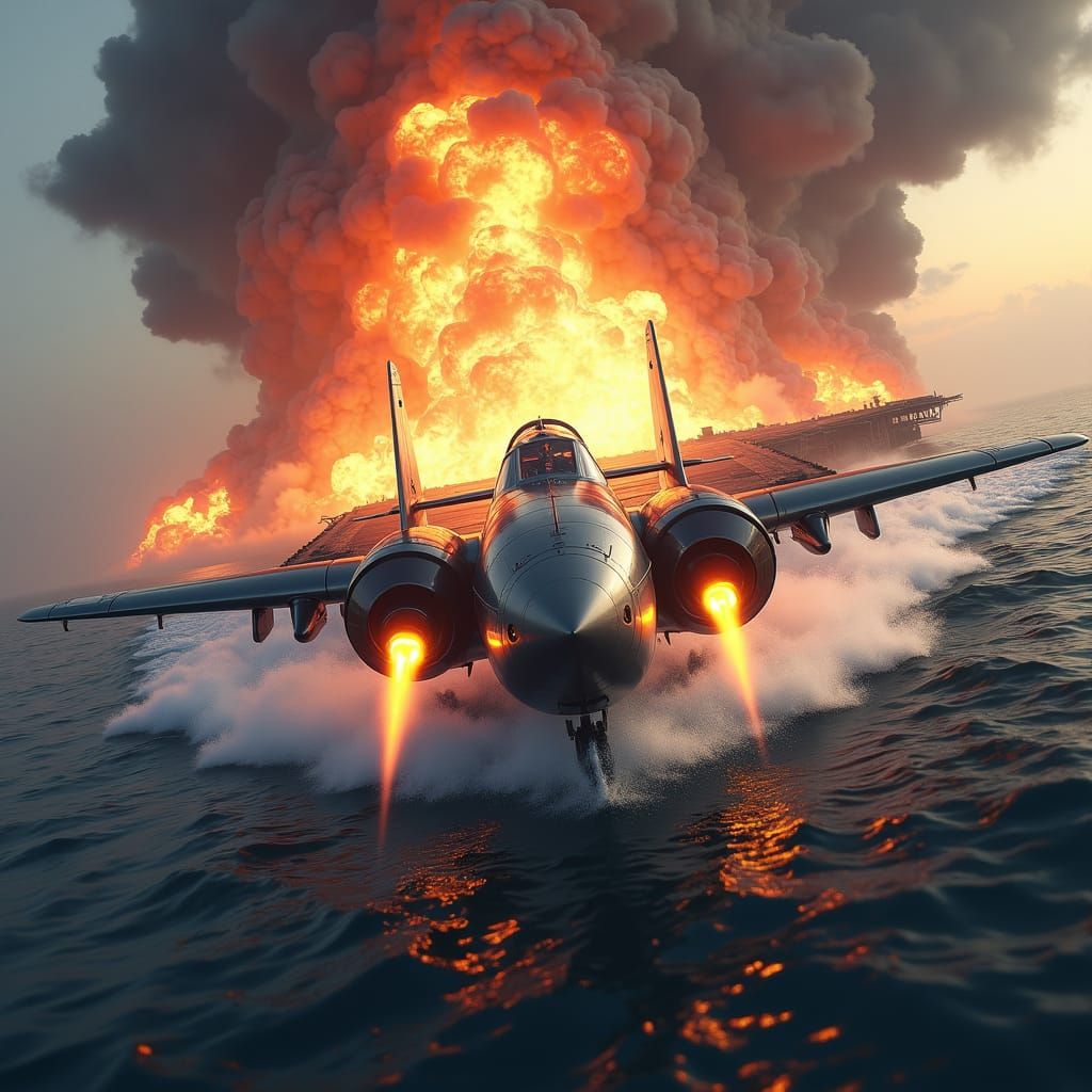 Fighter Plane Ascends as Carrier Explodes: Concept Art