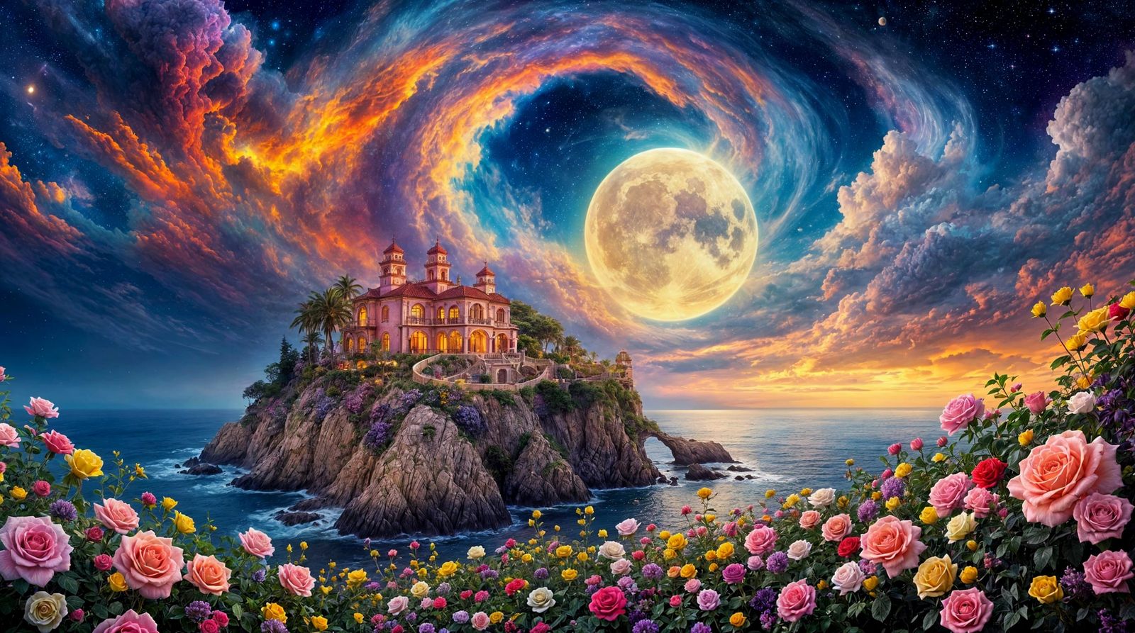 Fantastical Hacienda Garden Under a Swirling Moon Sky