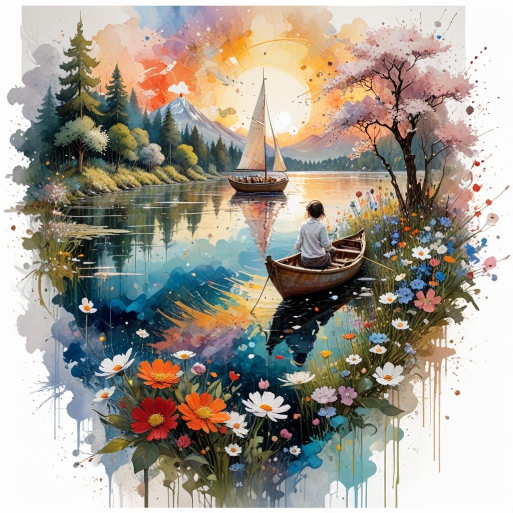 Sunset Sailboat Over Wildflowers in Forest Lake