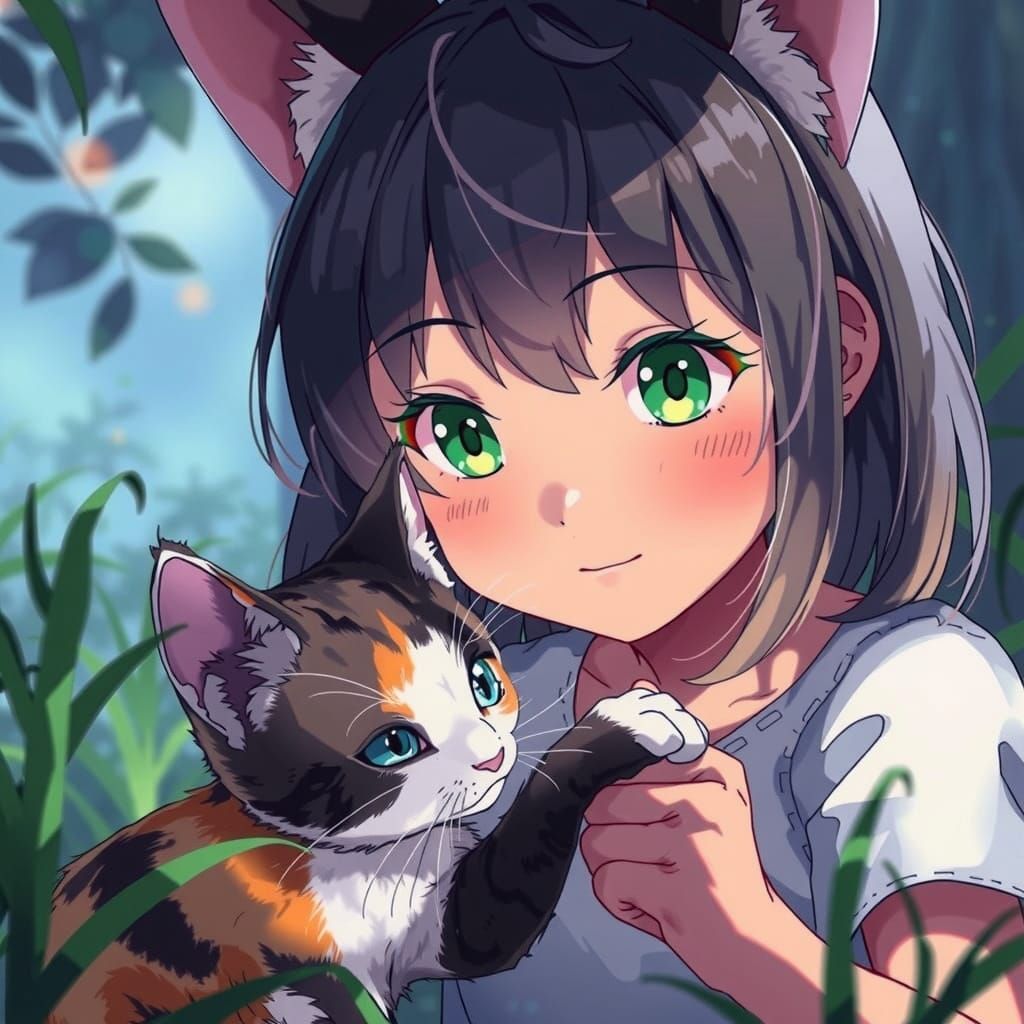 Calico Girl Plays with Kitten in Vibrant Studio Ghibli Style