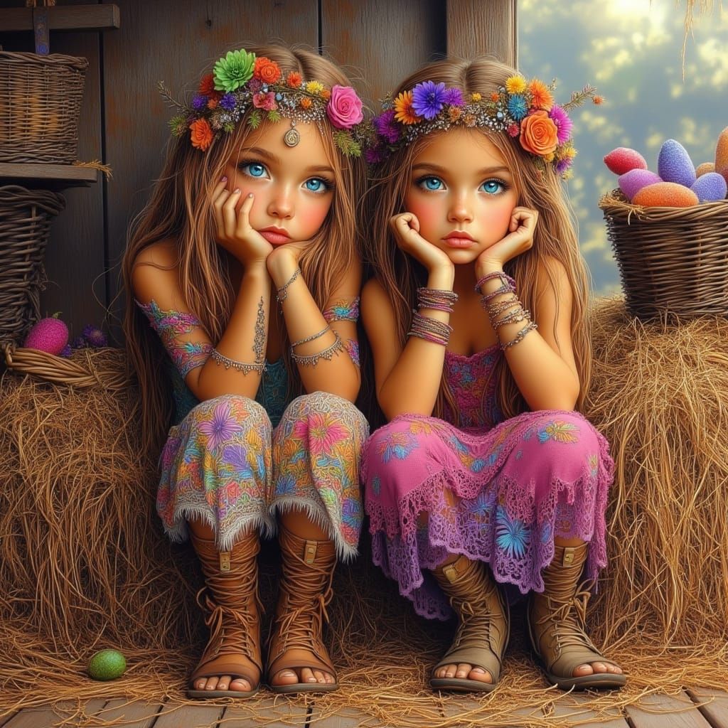 Two Girls in Boho Clothing on a Farm as Oil Painting
