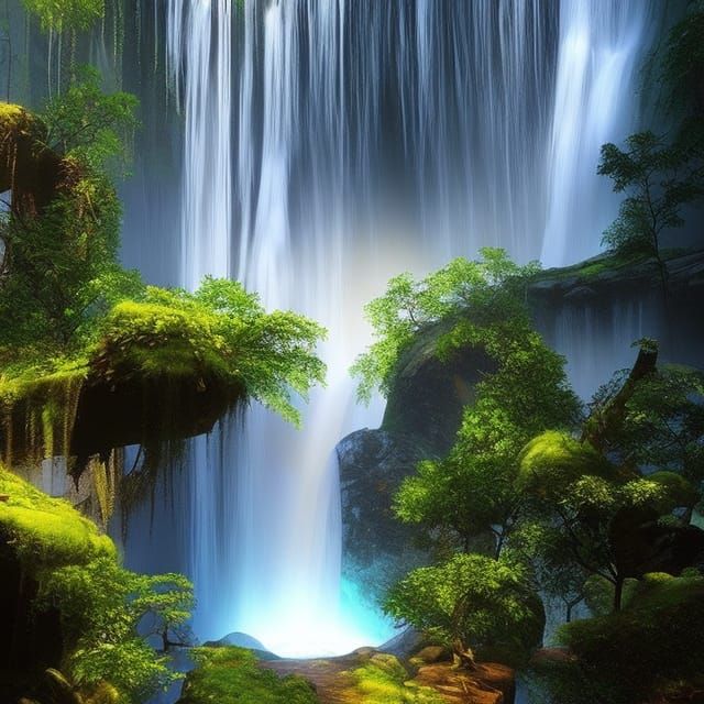 Magical Waterfalls Flowing from Head, Detailed Digital Art