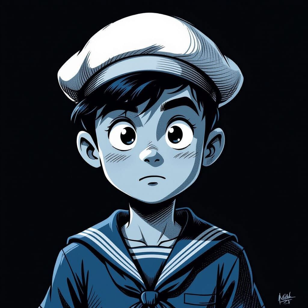 Hyperdetailed Blue Cartoon Sailor in Chiaroscuro Style
