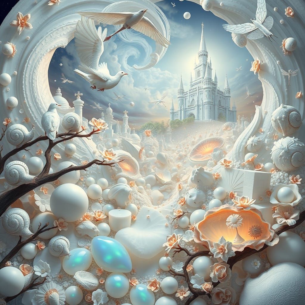 Ethereal White Dreamscape with Dove and Iridescent Details