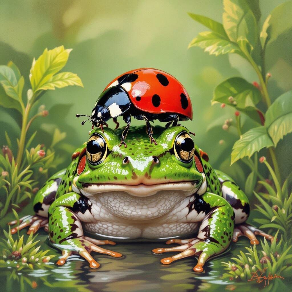 Ladybug Resting on a Frog in Naturalistic Style