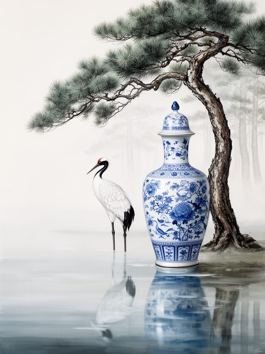 Porcelain Crane by Pine Tree in Ming Dynasty Style