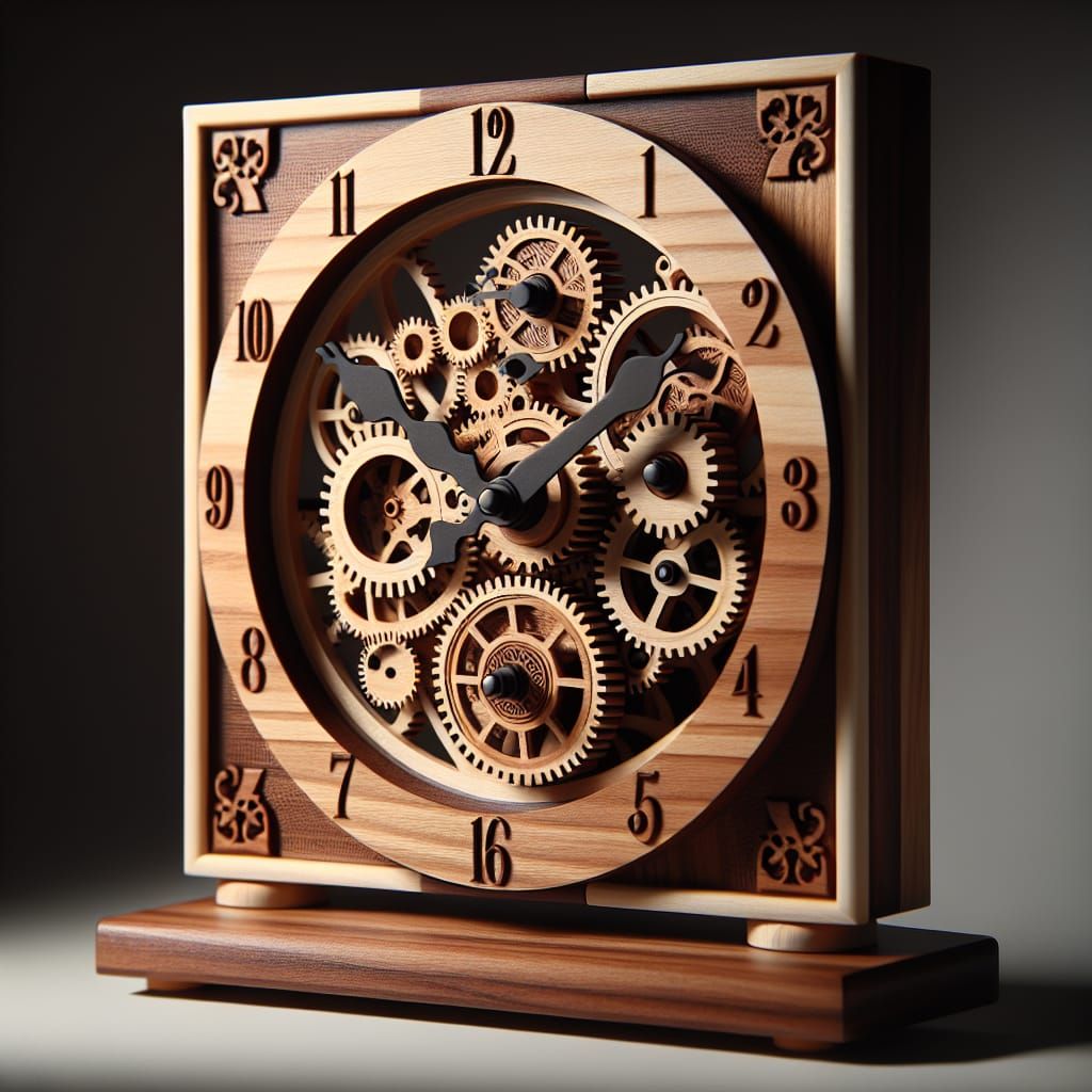 Intricate Wooden Gear Clock Mechanism