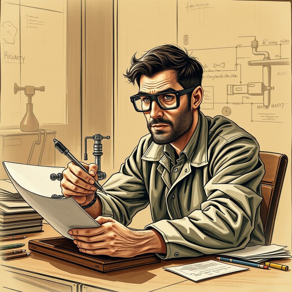 Ingeniero Químico Dibuja Reactor con Precisión y Detalle