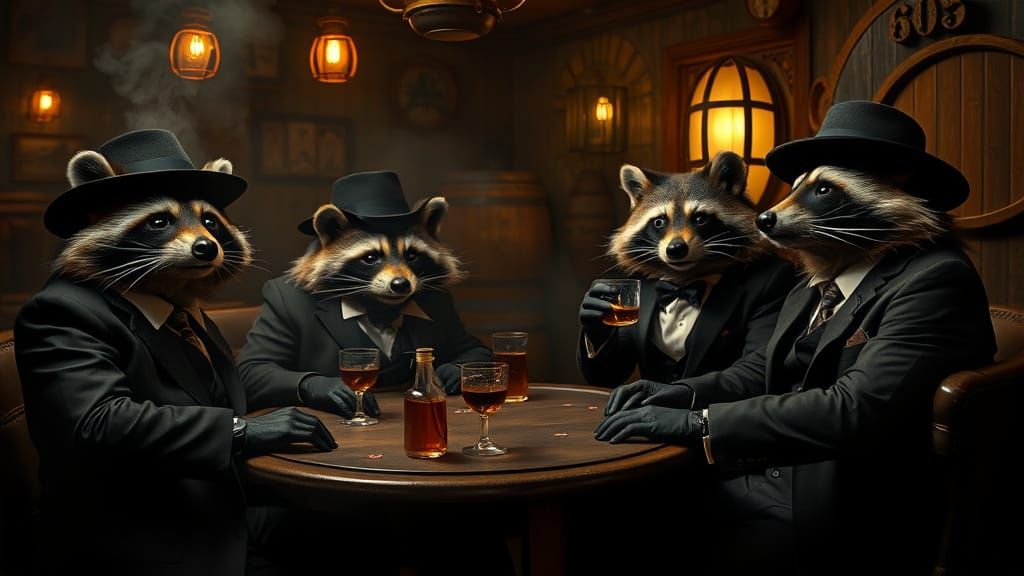 Raccoons Playing Poker in 1920s Speakeasy