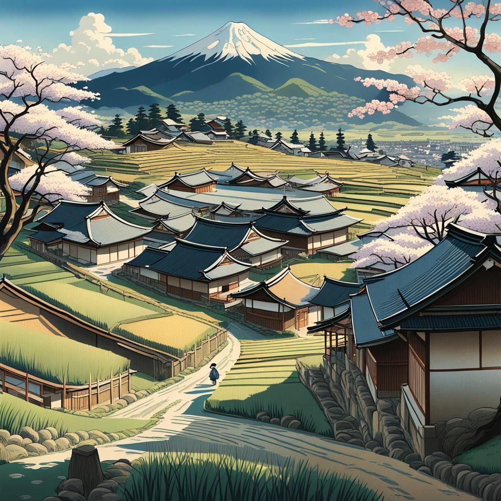 Rural Japanese Village in Ukiyo-e Style