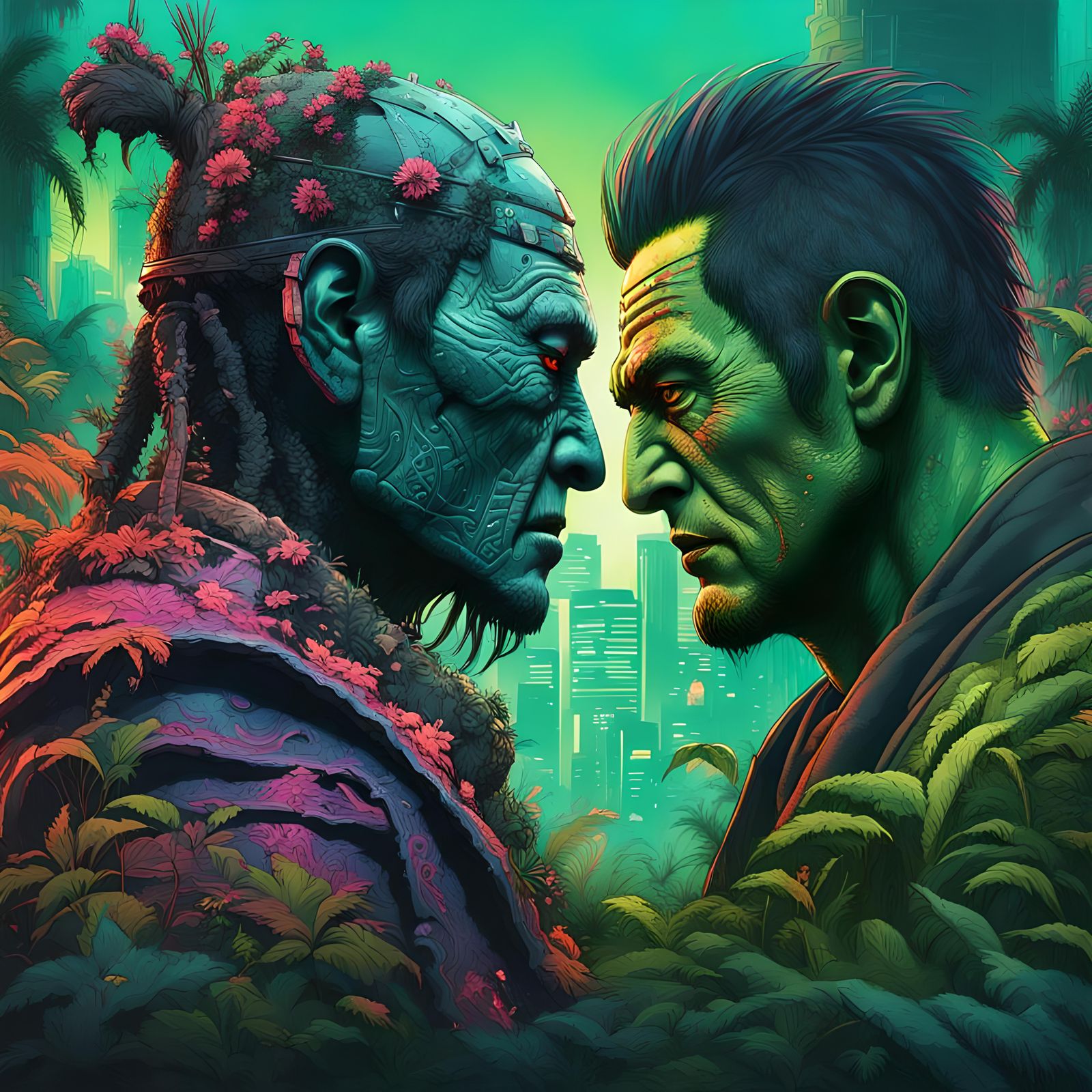 Samurai vs Frankenstein in Neon Post-Apocalyptic City
