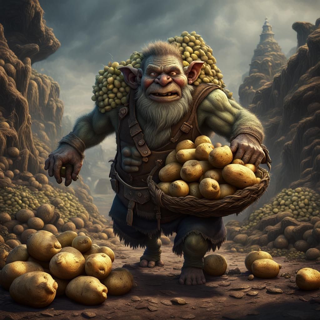 Grumpy Troll's Potato Burden: Detailed Matte Painting