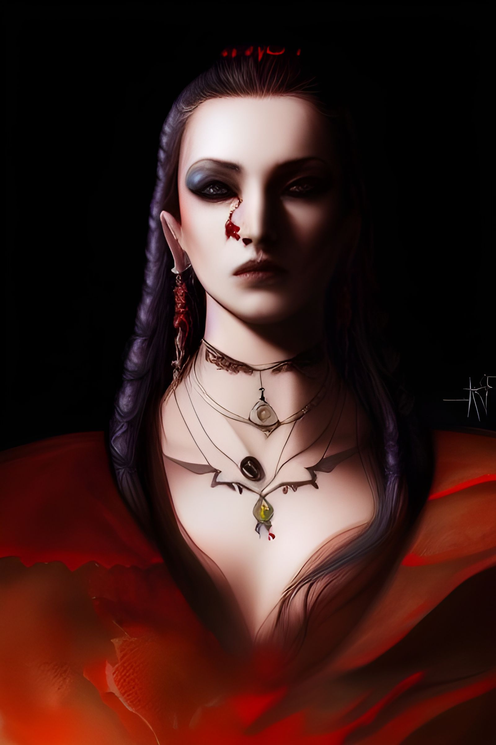 Detailed Vampire with Bat Tattoo in Crimson Hues