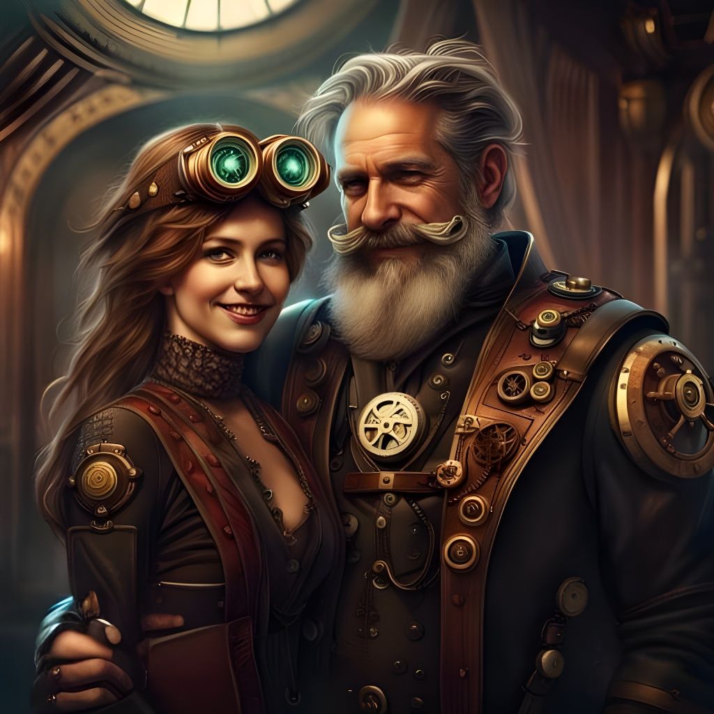 Steampunk Cyborg Dad Hugging Wife Portrait