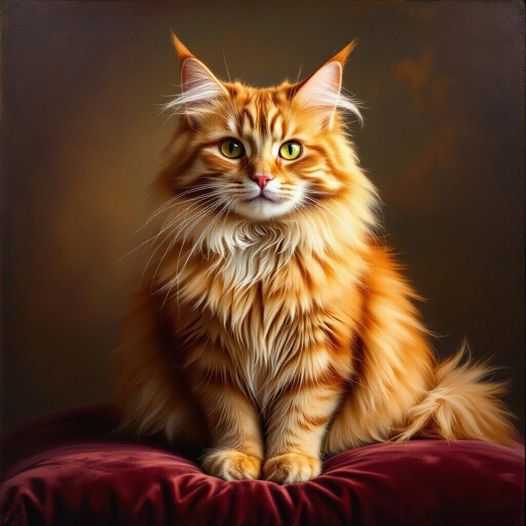 Regal Ginger Cat on Velvet Cushion in Golden Light