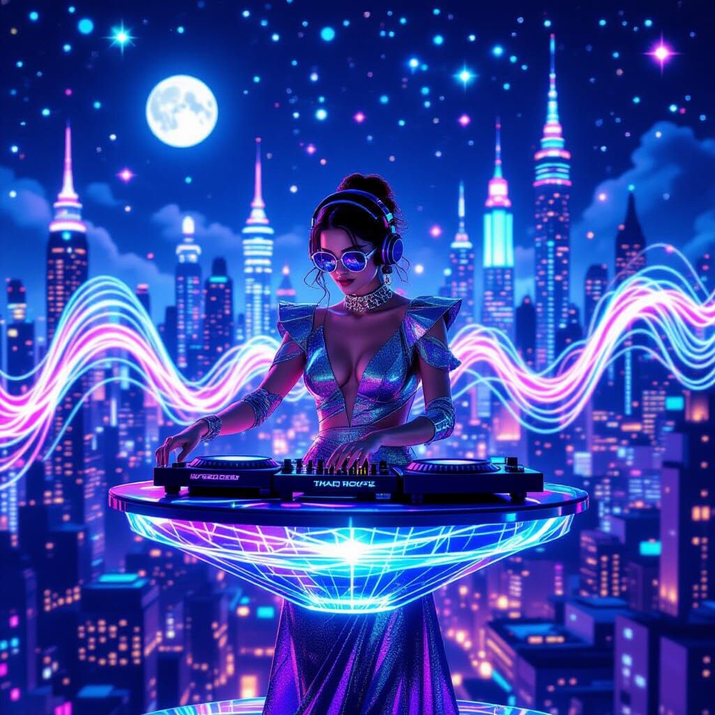 Cosmic DJ Spinning Records in a Stardust Cityscape