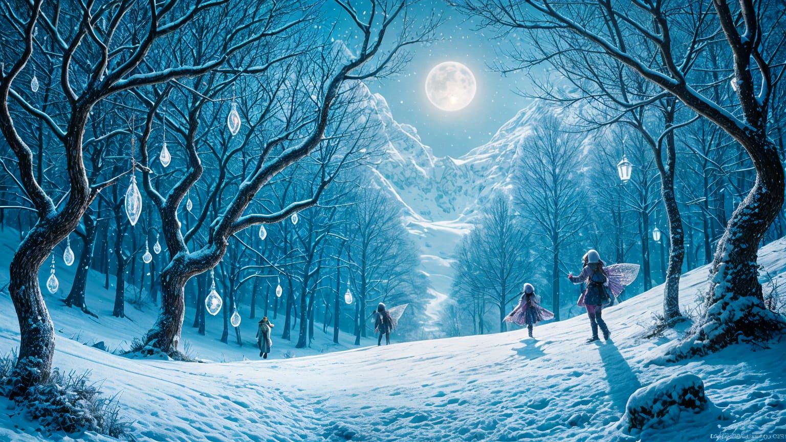 Winter Fairies in Snowy Glen Under Gibbous Moon