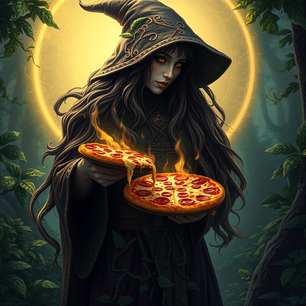 Mystical Witch with Pizza in Lush Forest