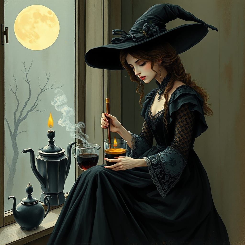 Victorian Witch Brews Coffee: Fairytale Illustration