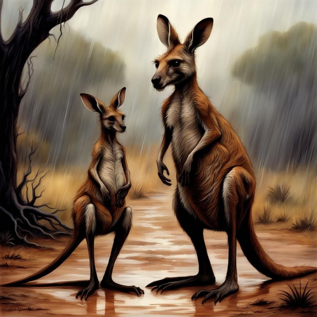 Kangaroo and Joey in Rainy Outback, Matte Painting