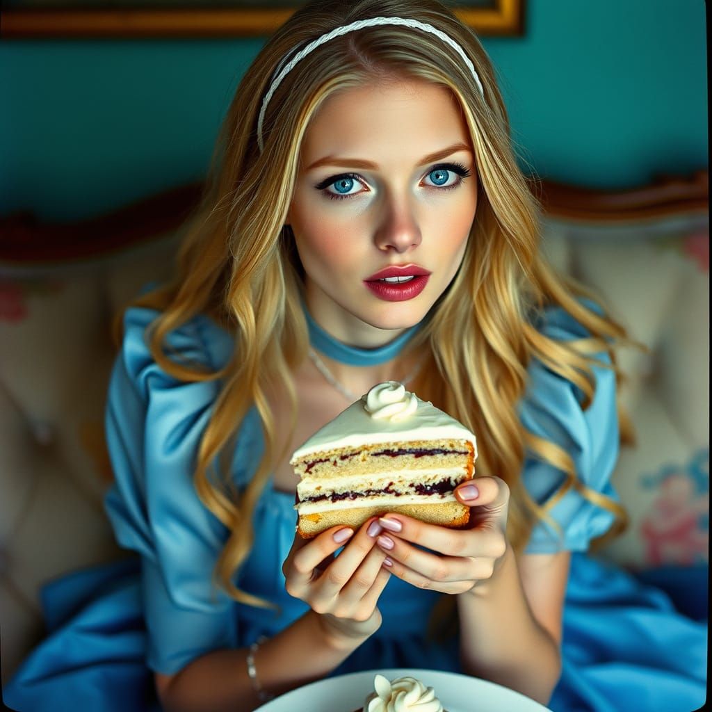 Whimsical Alice-Inspired Woman Indulges in Dreamlike Cake Sc...