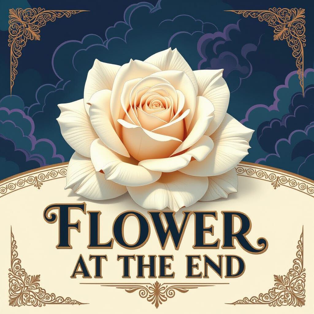 White Rose with Art Deco Text and Psychedelic Clouds