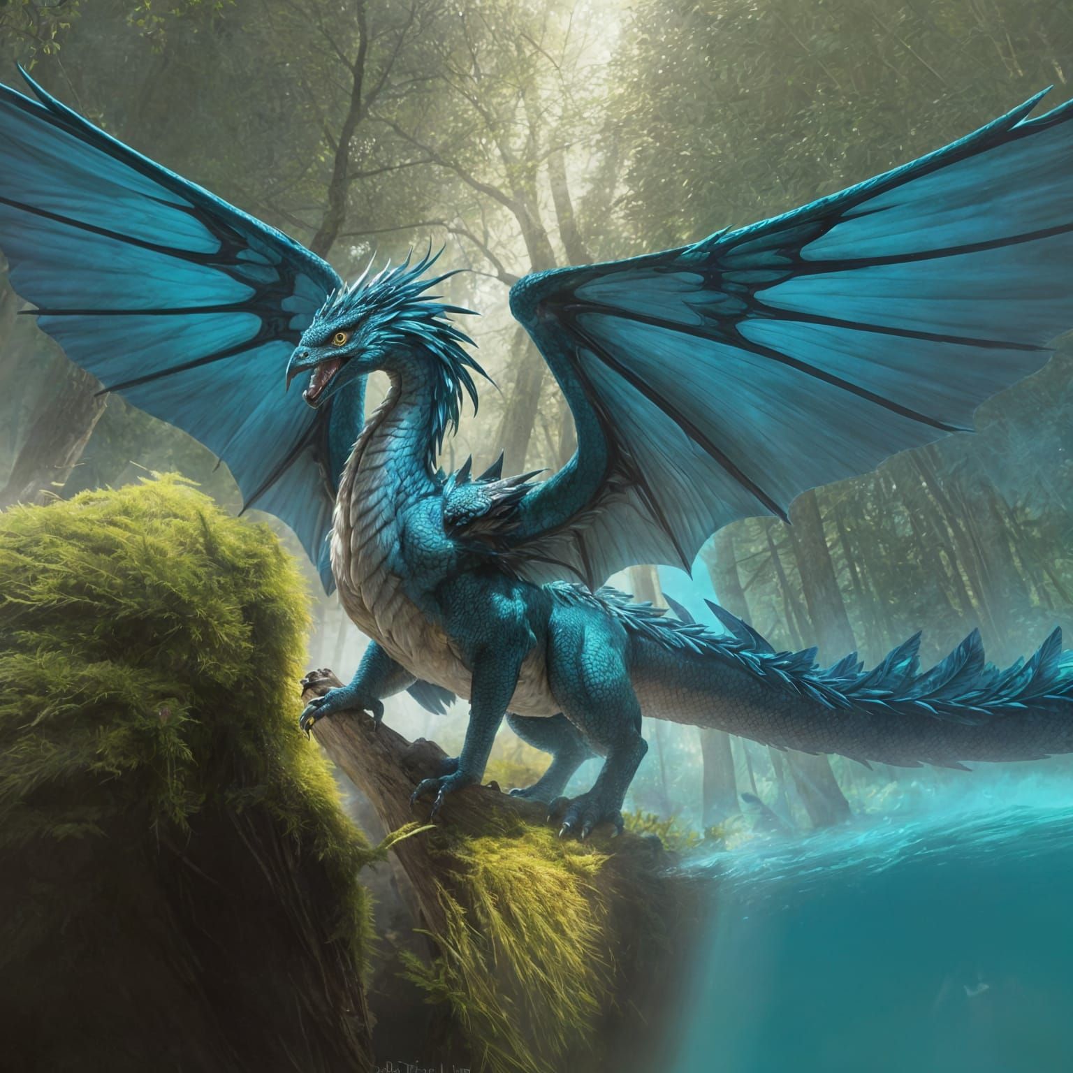 Feathered Dragon in Sunlit Forest Clearing