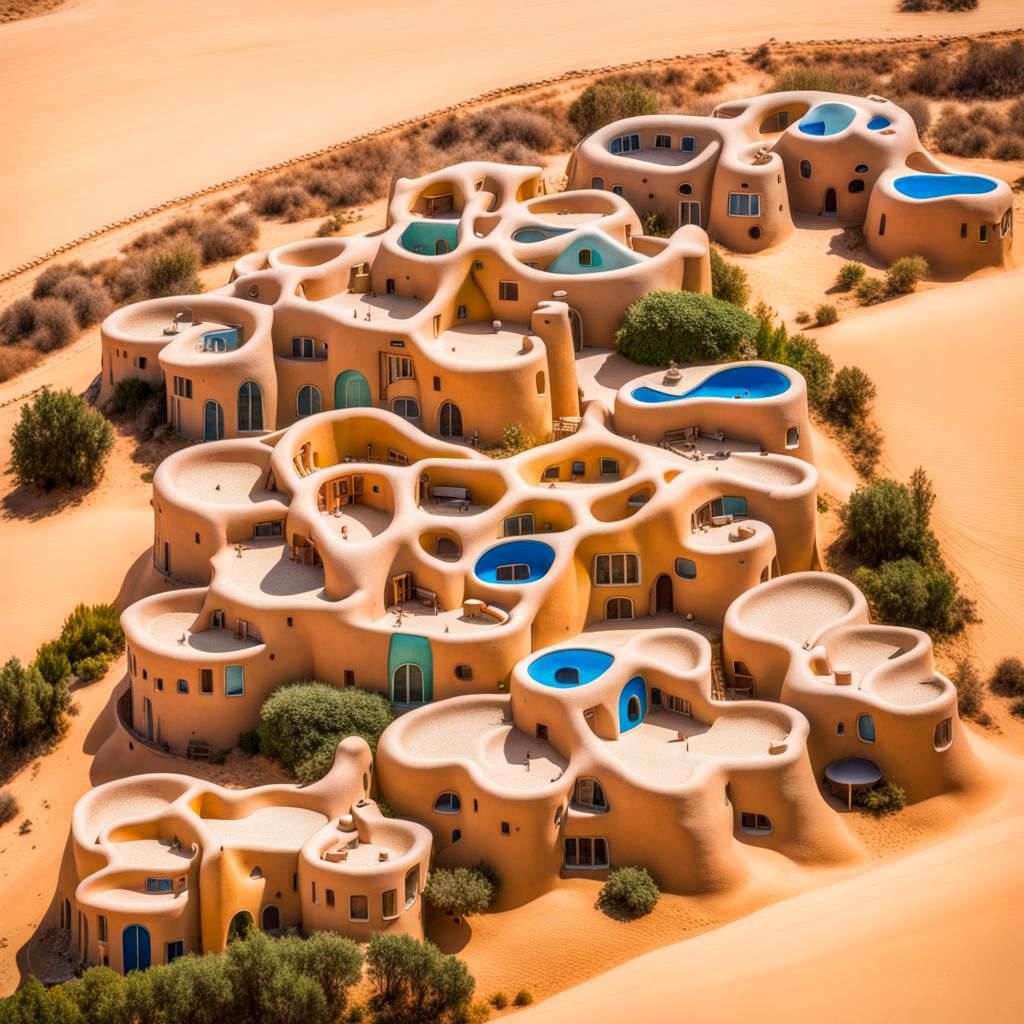 Colorful Gaudi Houses in Desert Landscape