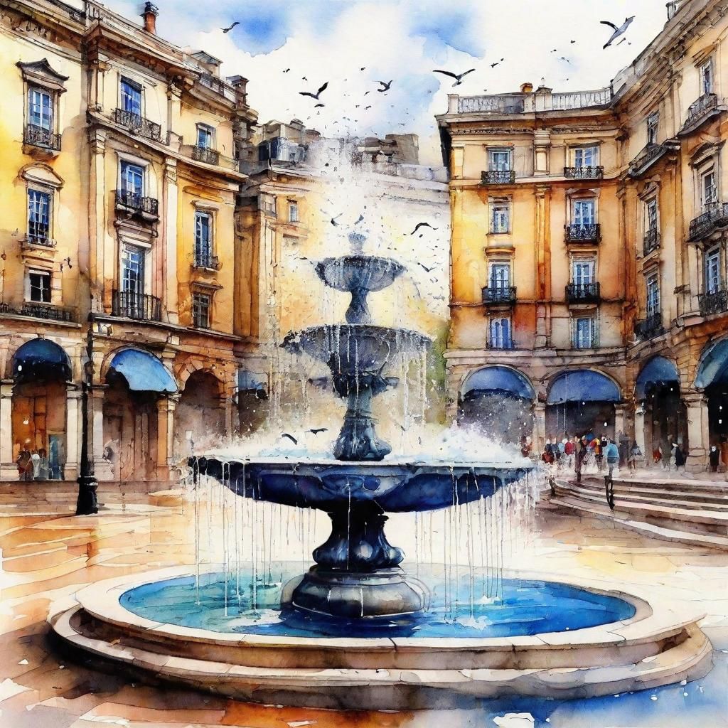 Watercolor Fountain in Plaza with Seagulls