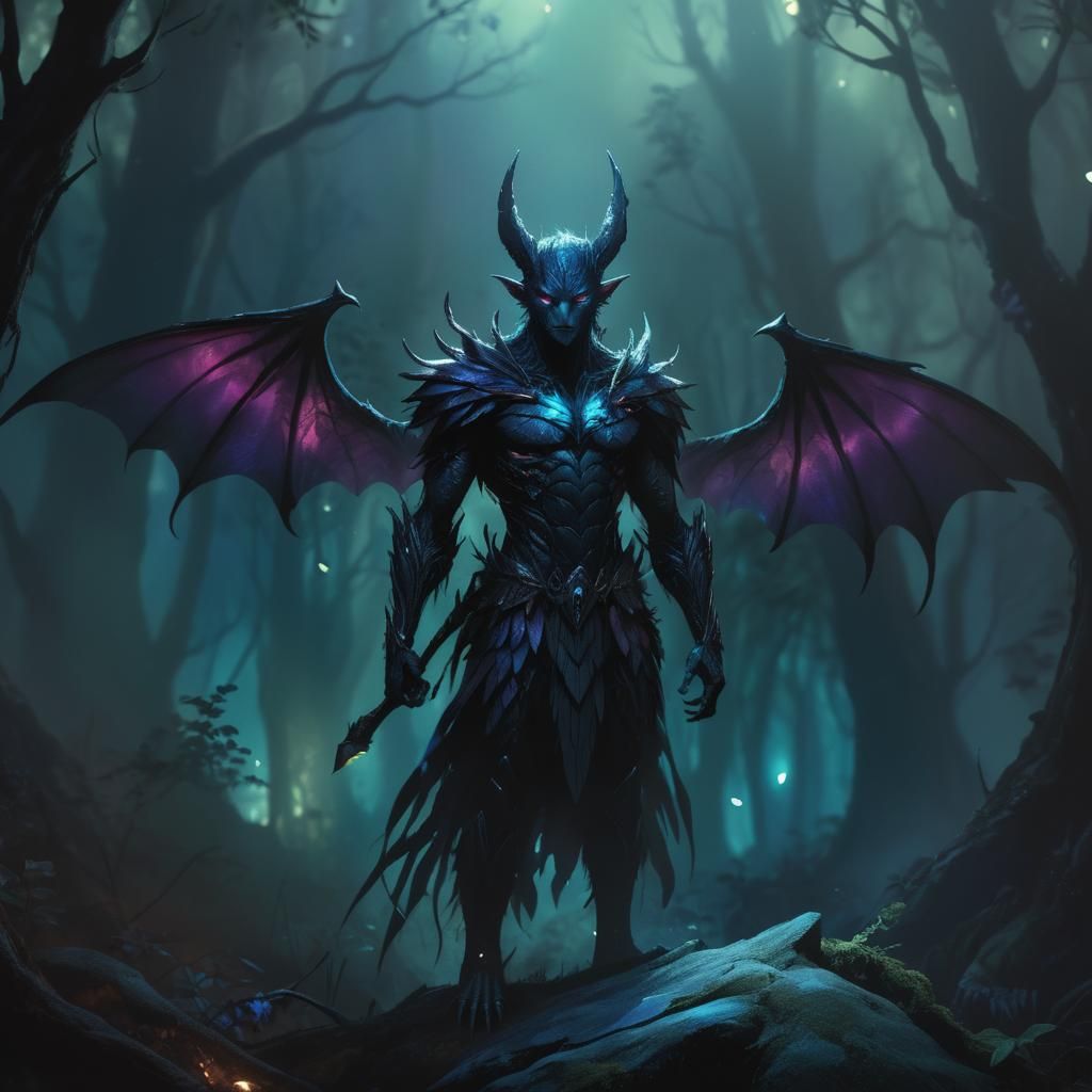 Winged Creature in Mystical Forest, Dark Fantasy Art