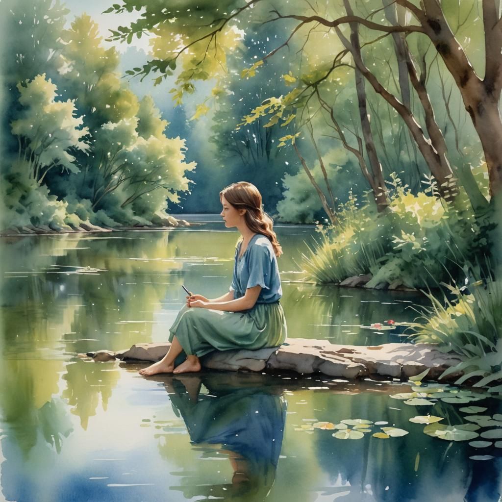 Watercolor Painting of Serene Woman by Lake