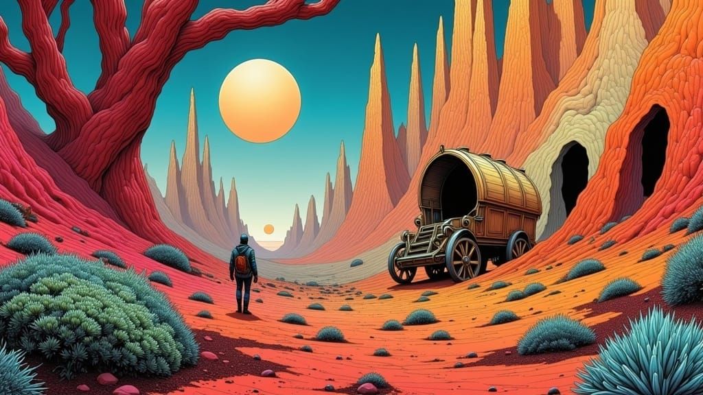 Surreal Desert Landscape in Arthur Rackham Style