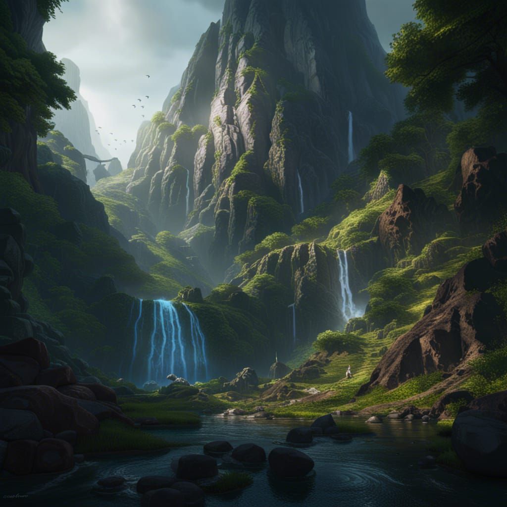 Lush Mountain Waterfall: Dark Fantasy Concept Art