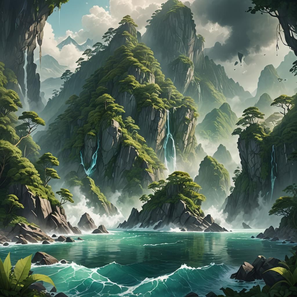 Contrasting Landscapes: Serene Mountains Meet Turbulent Sea