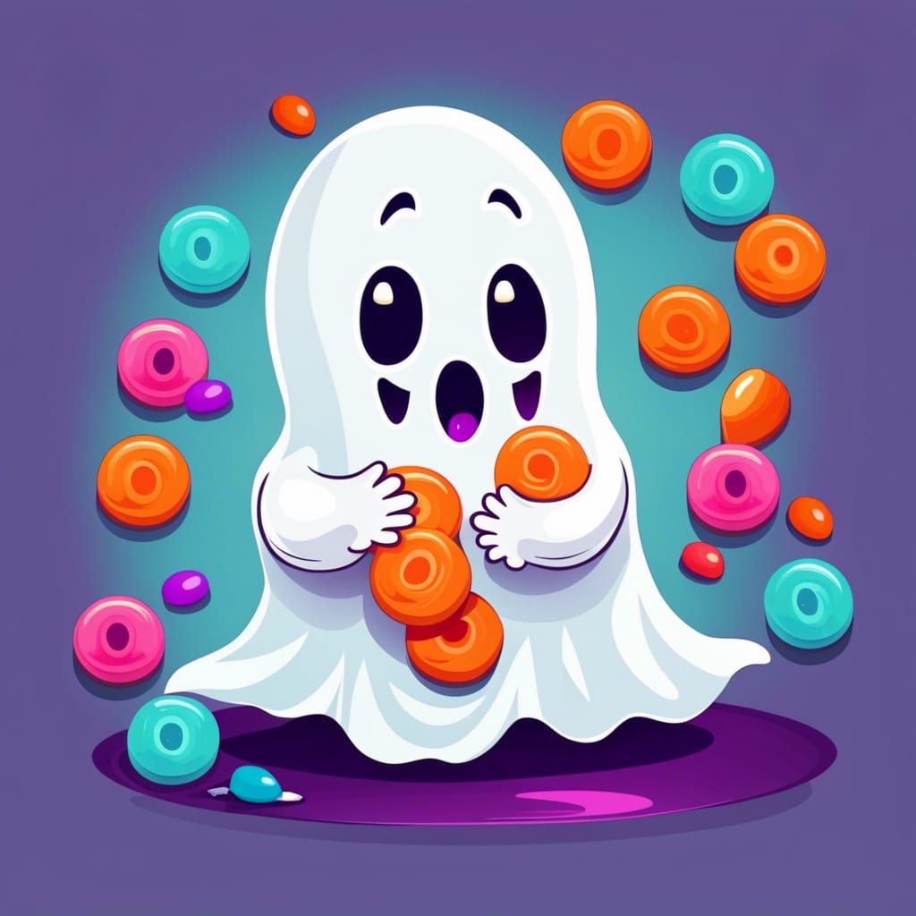 Cute Ghost Eats Candy in Halloween Scene