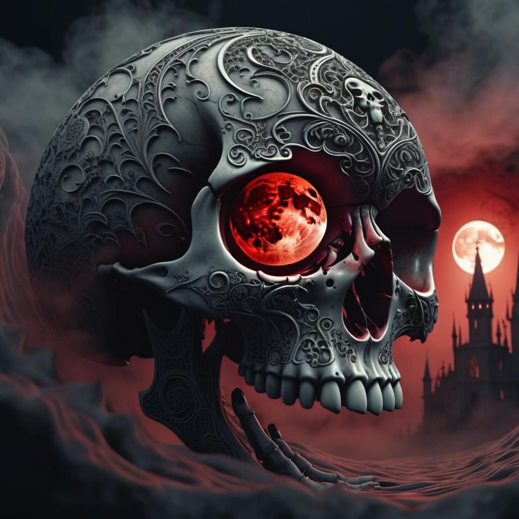 Gothic Skull Grasped Under Blood Moon Illustration