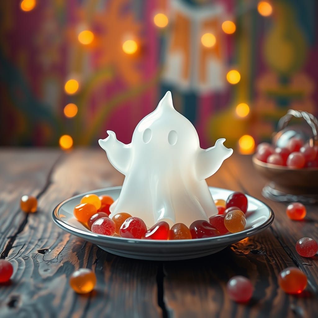 Translucent Jelly Ghost on Rustic Table, Hyperrealistic