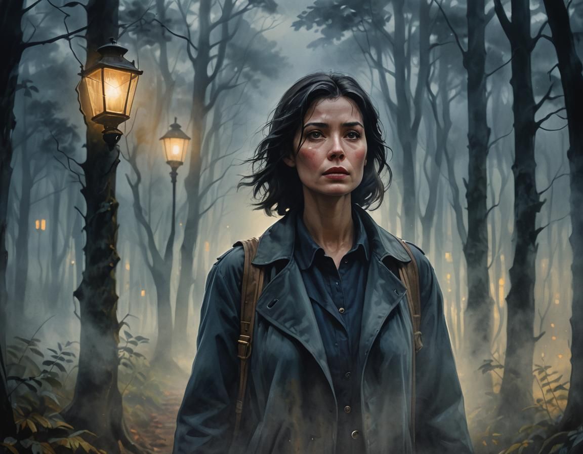 Film Noir Woman in Misty Forest