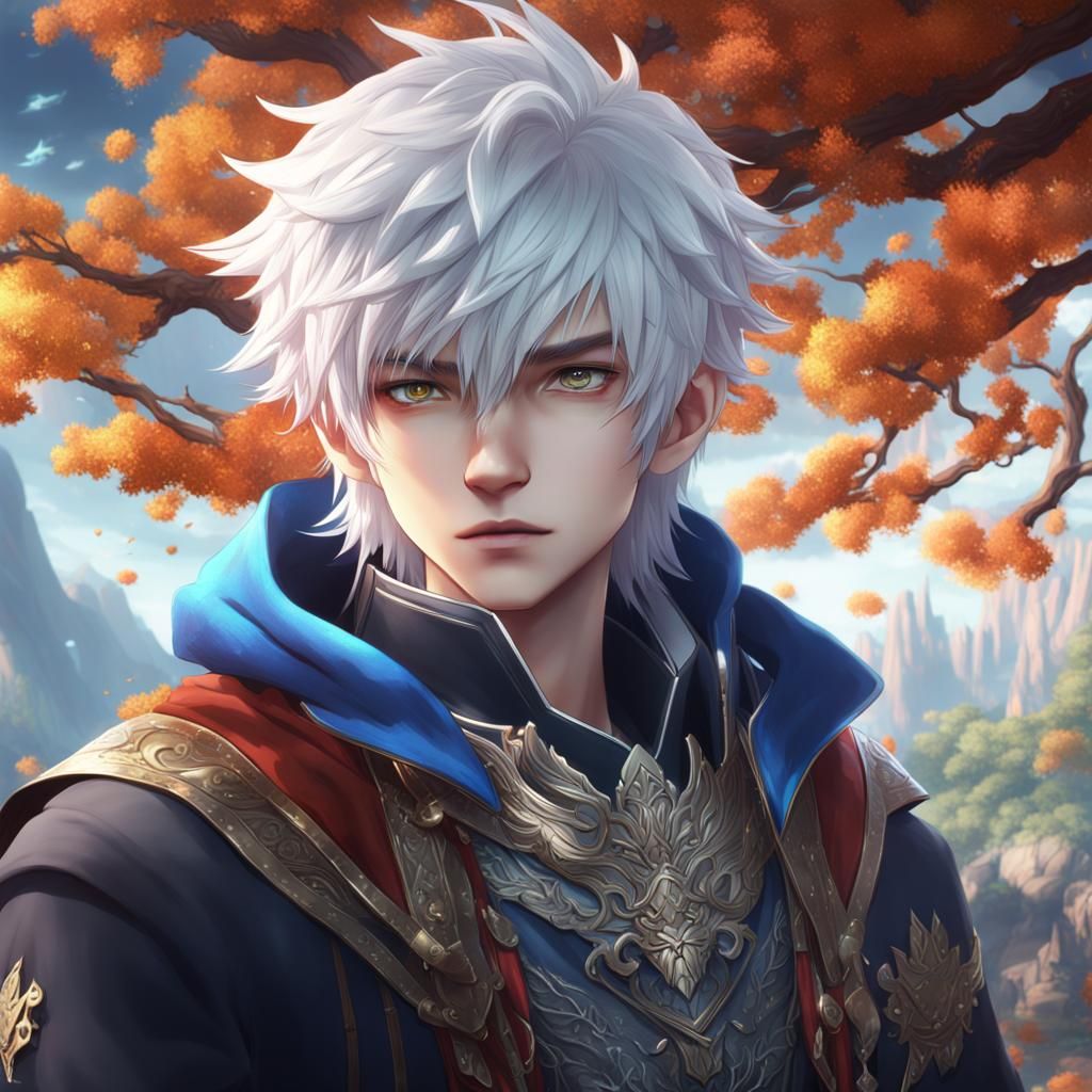 Handsome Anime Boy with White Hair: Detailed Painting