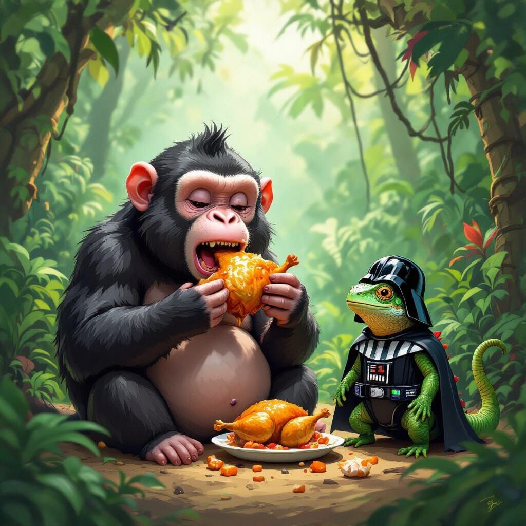 Monkey Feast in Jungle with Darth Vader Lizard