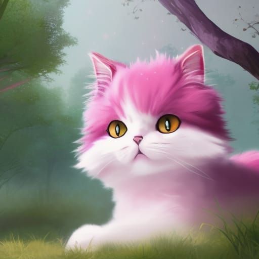 Cute Anime Cat in Pink Forest: Detailed Digital Art