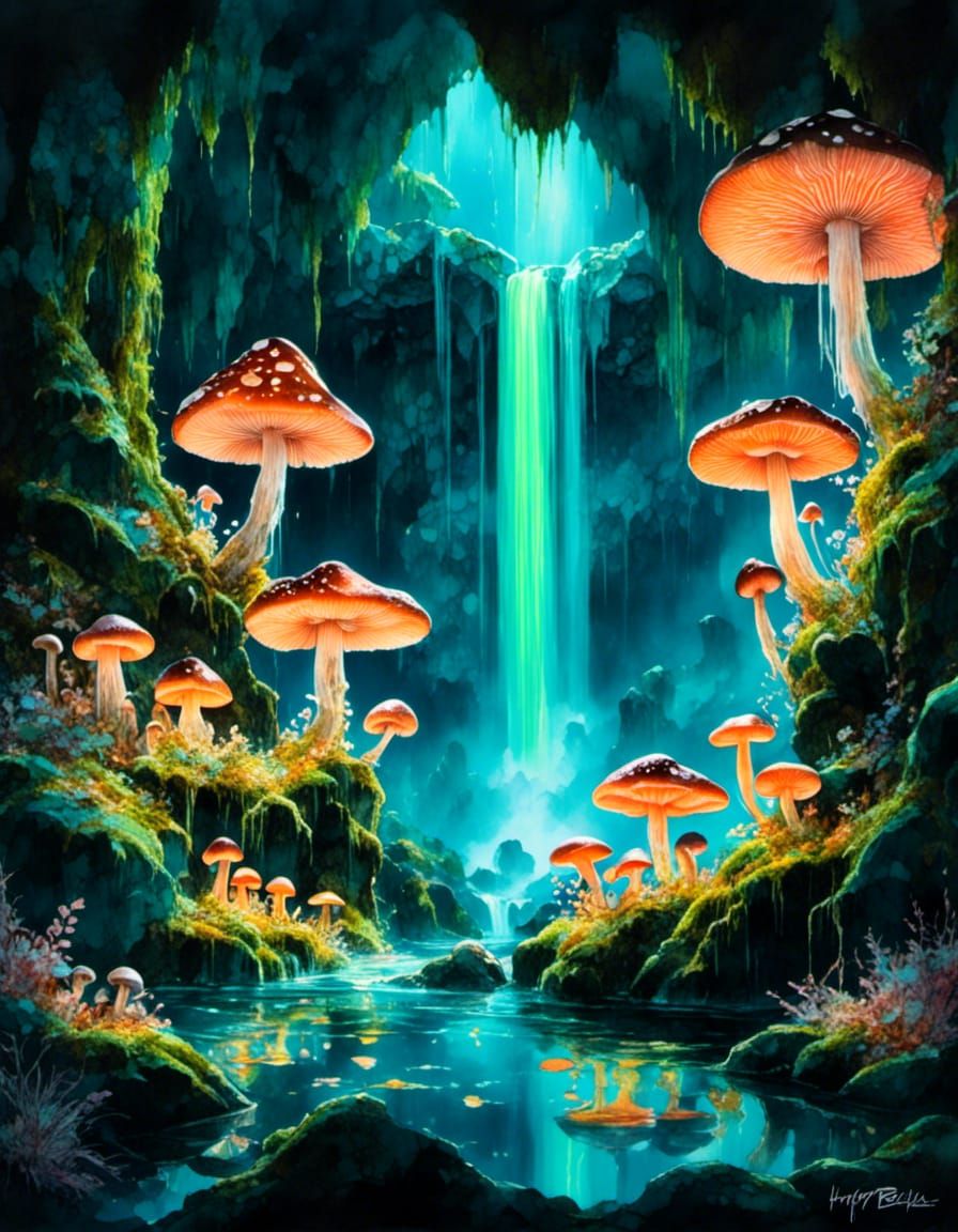 Underground Waterfall, Moss and Mushrooms