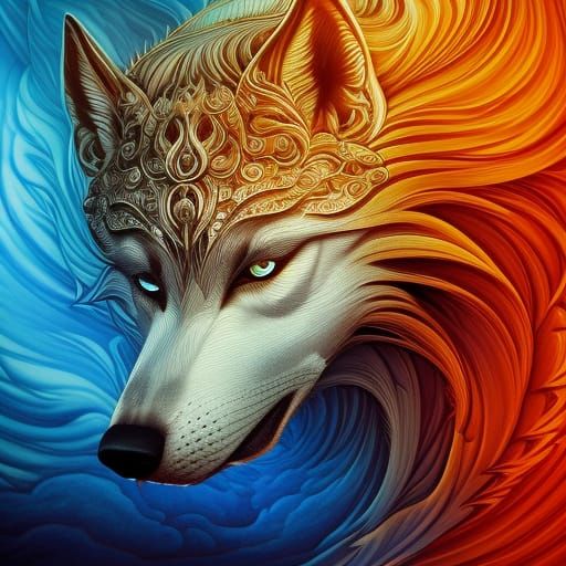 Mechanical Wolf Ink Illustration with Liquid Solar Winds